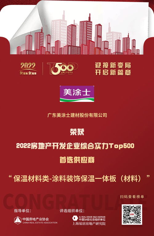 美涂士榮膺2022房地產(chǎn)開發(fā)企業(yè)綜合實(shí)力TOP500首選供應(yīng)商，彰顯涂料裝飾保溫一體板行業(yè)領(lǐng)先地位